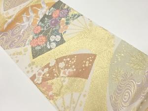 扇に群鶴・花々模様織出し袋帯